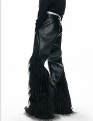 【26s Feb.】Deconstructed Faux Wolf Fur Croc-Embossed Leather Wide-Leg Pants