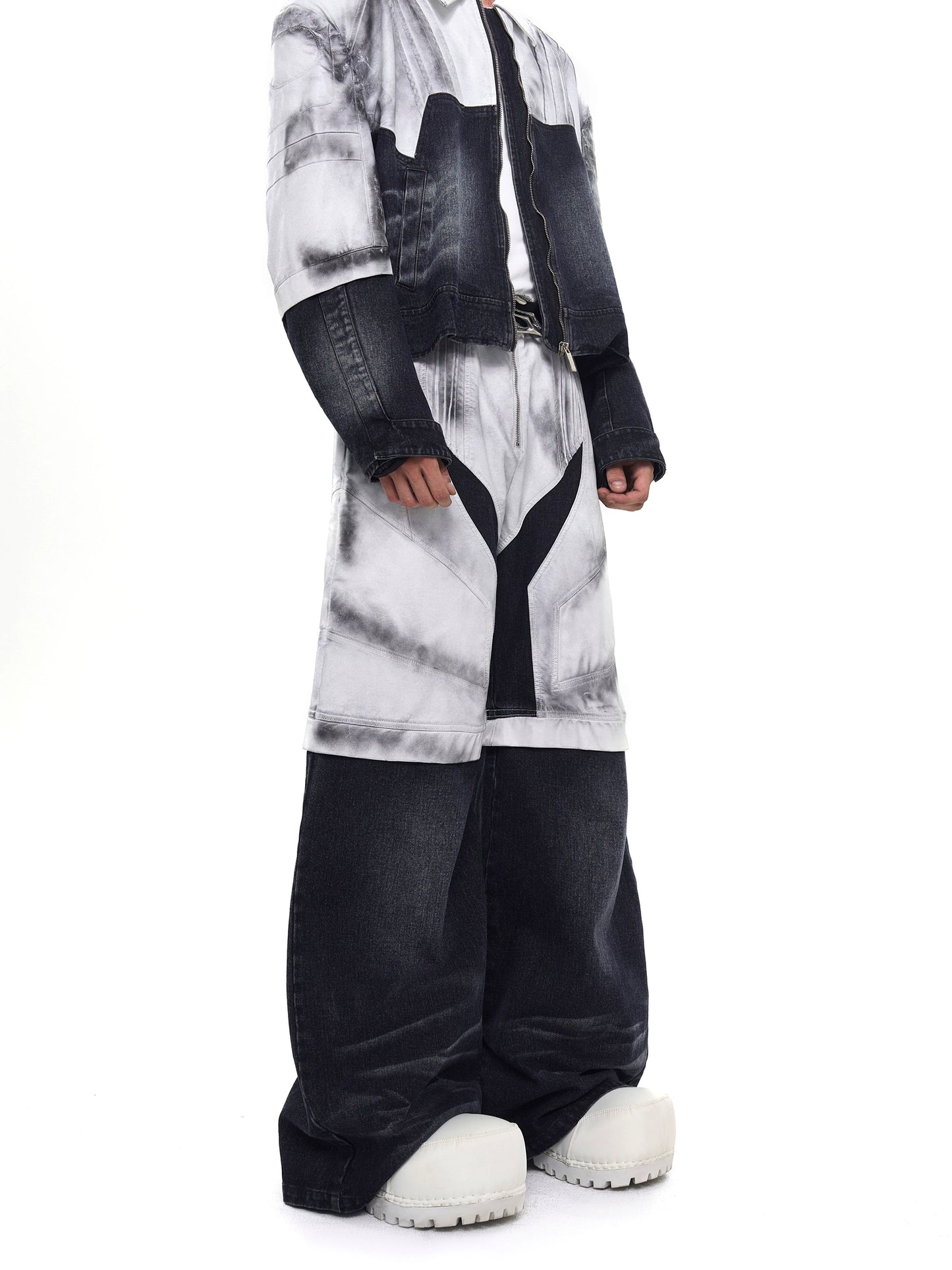【25s Aug.】Patchwork Painted Dirty-Wash Wide-Leg Denim Pants Set
