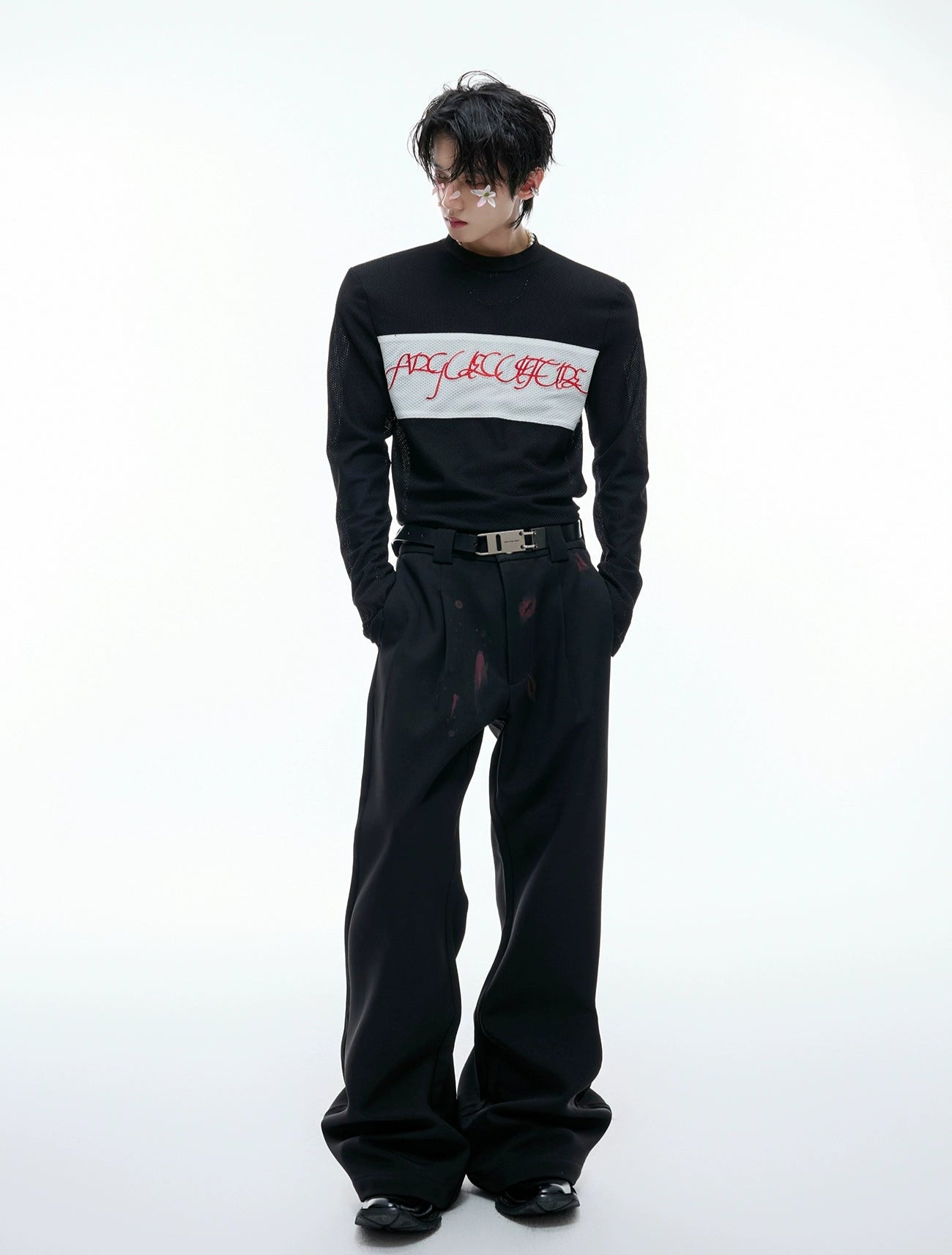 【25s Aug.】Mesh Elastic Slim Fit Embroidered Bottoming Shirt