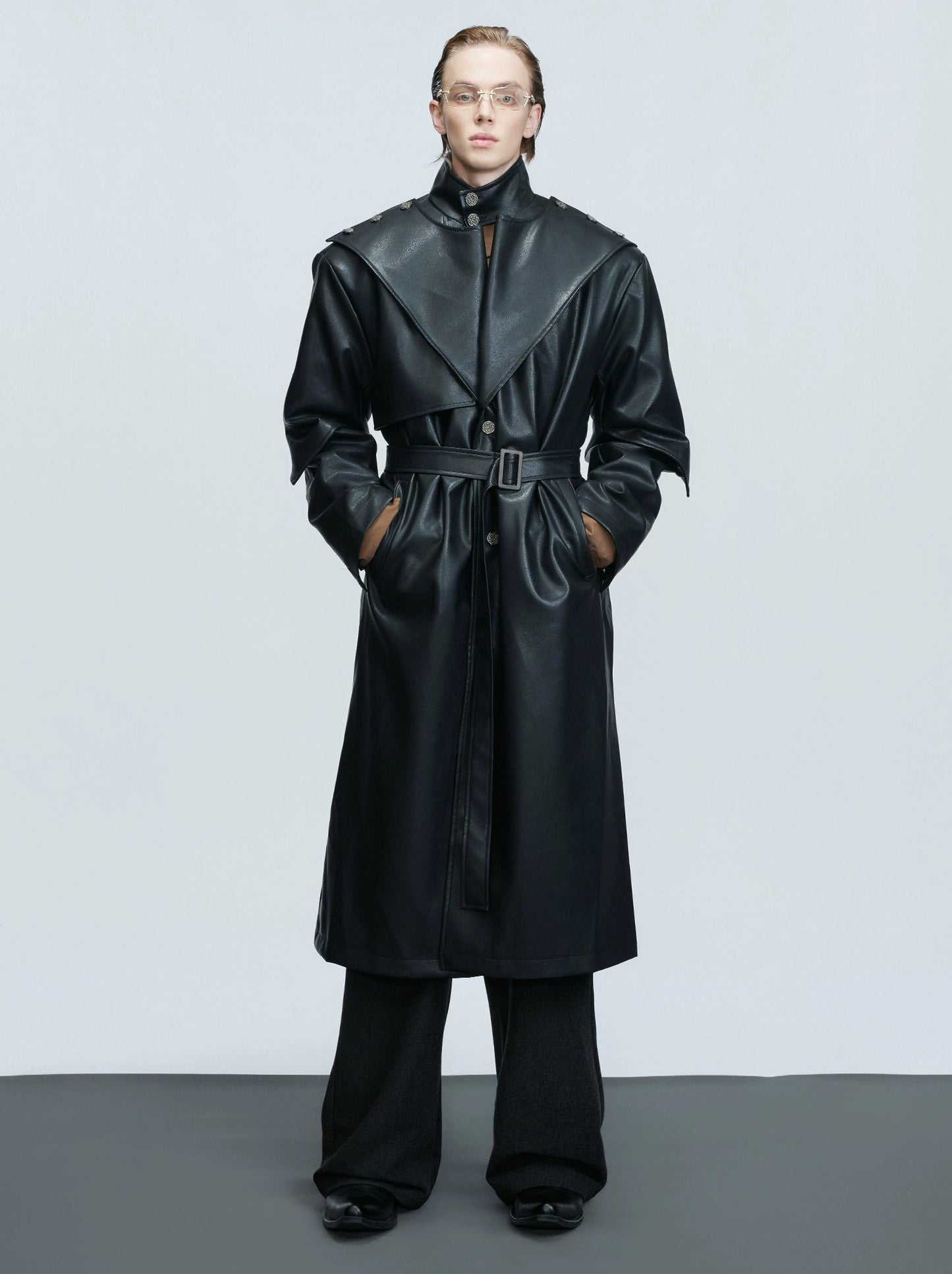 【25s Nov.】Deconstructed Stand-up Collar Copper Coin Button Leather Trench Coat