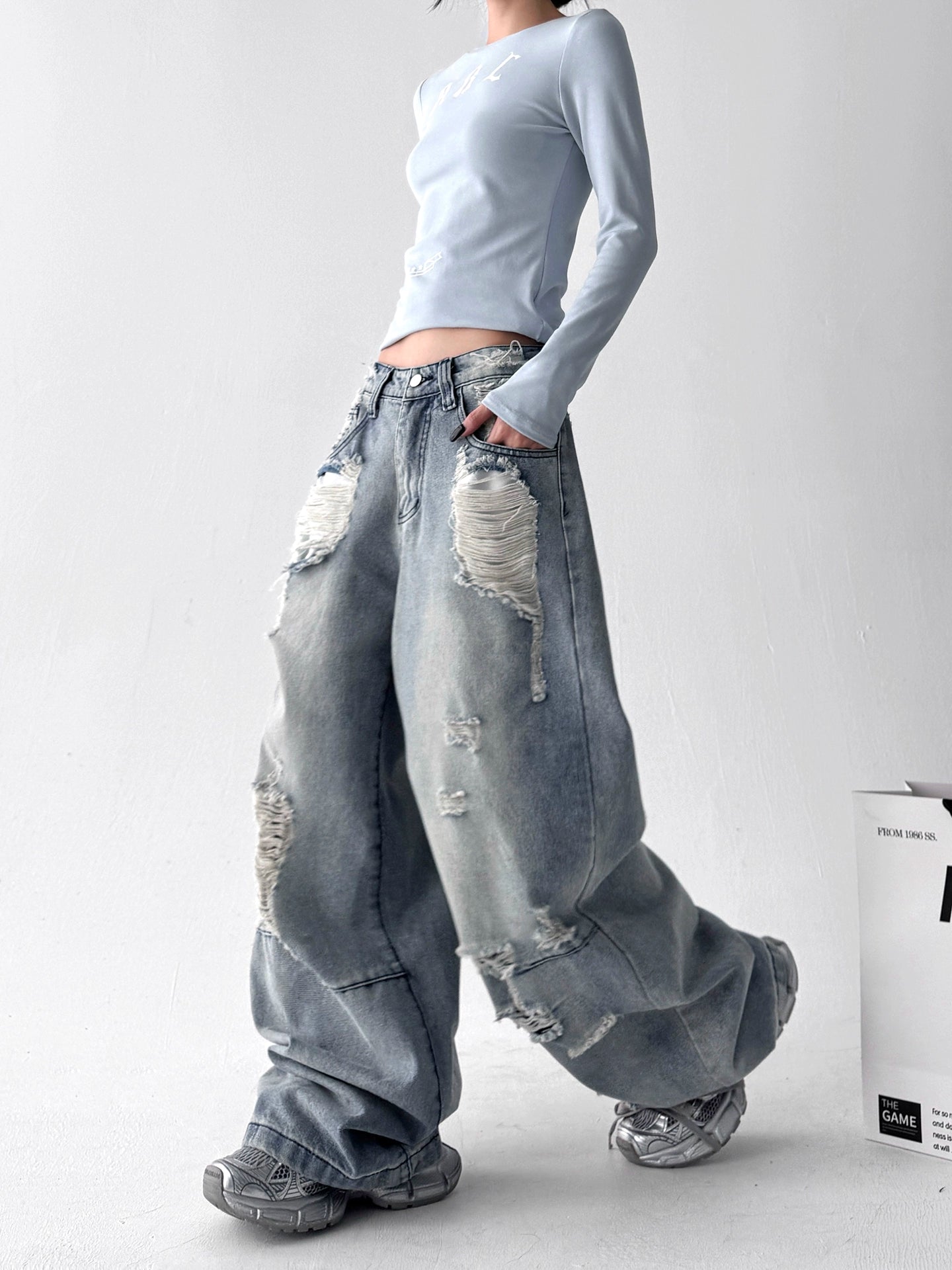 【25s Aug.】Vintage Blue Distressed Washed Loose Wide-Leg Jeans