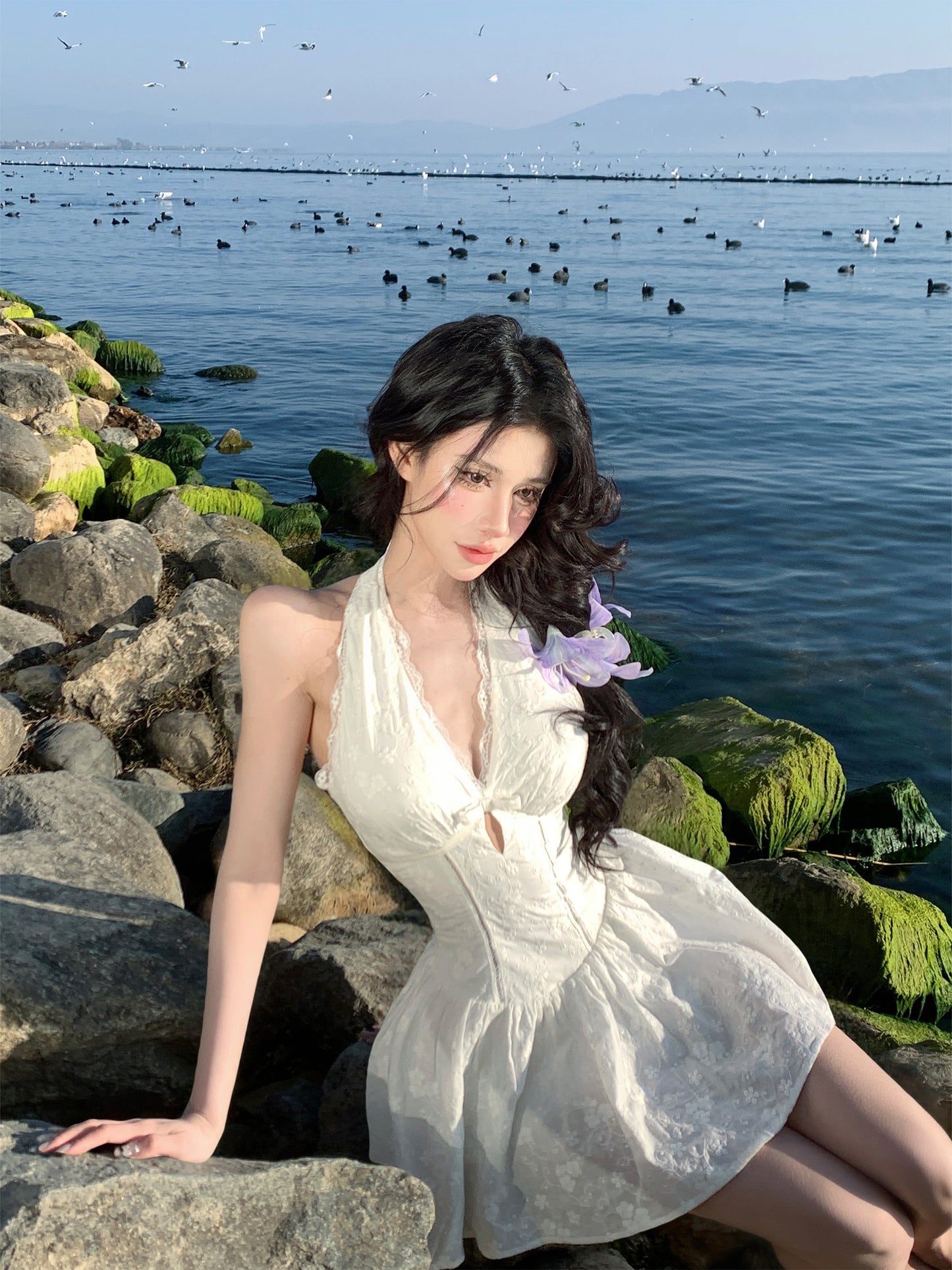 【25s Apr.】French Halter V-Neck Hollow-Out Waist Dress