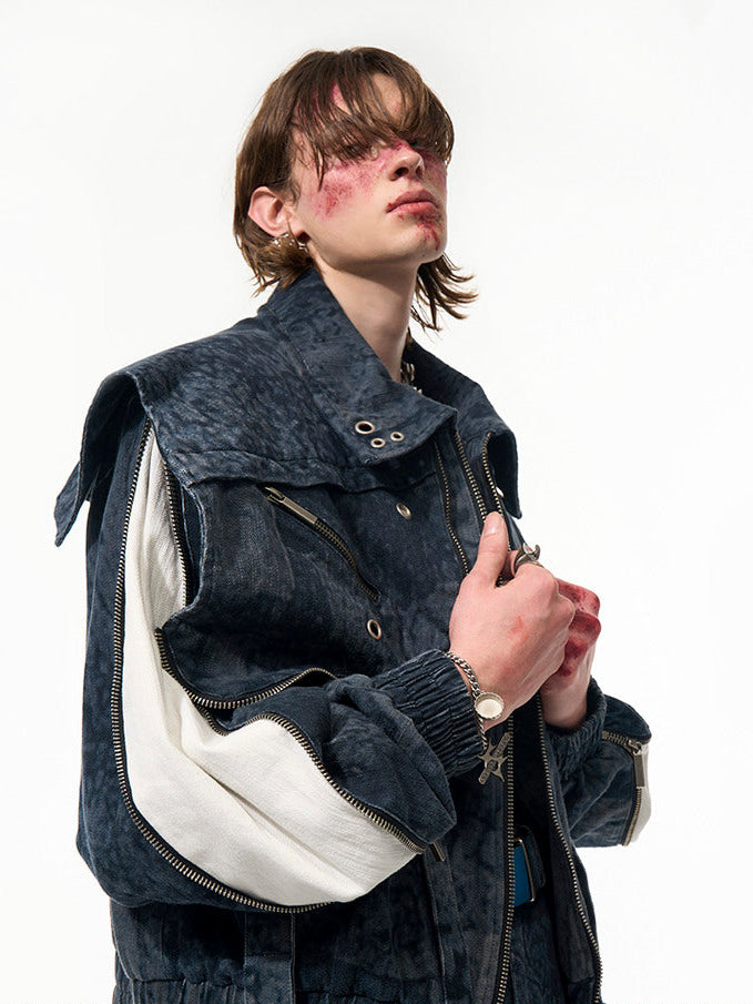 【25s Apr.】Faux Two-piece Design Zippered Denim Jacket+Pants