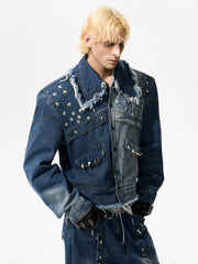 【25s Oct.】Distressed Raw-edge Metal Rivets Denim Jacket