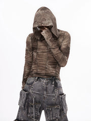 【25s Jul.】Printed Mesh Ruched Ice Silk Hooded Top