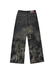 【26s May】Laser Burn Pattern Baggy Raw Denim Pants