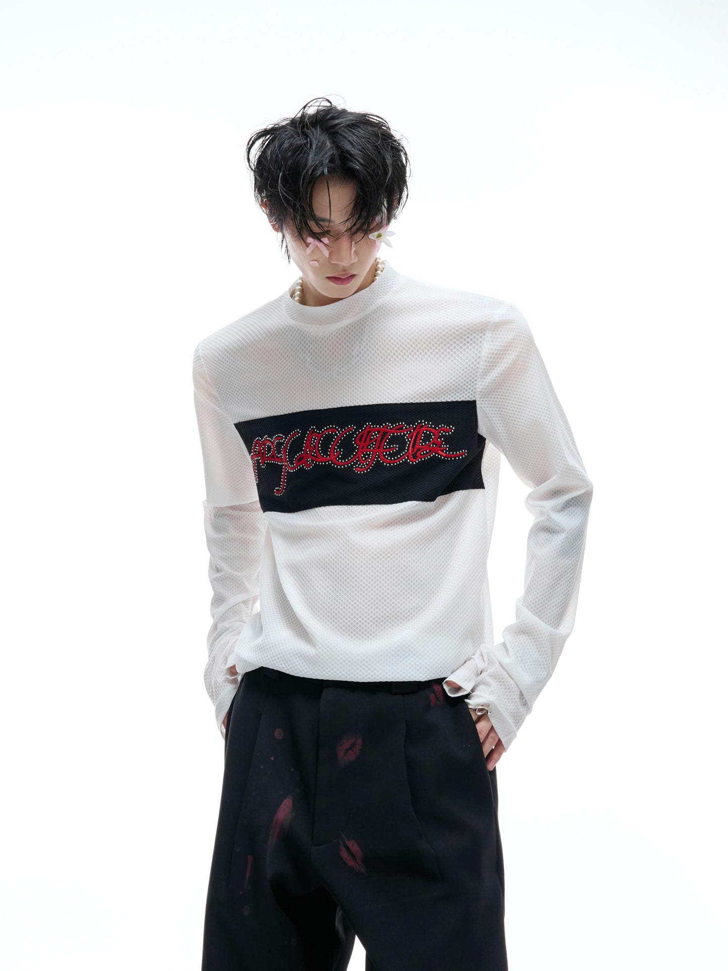 【25s Aug.】Mesh Elastic Slim Fit Embroidered Bottoming Shirt
