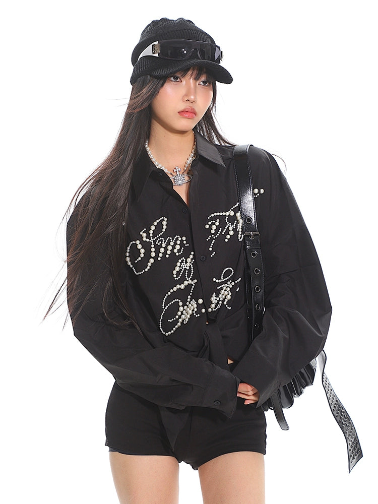 【25 Apr.】Heavy Industry Pearl Beading Lettering Loose Shirt