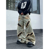 【Jun 25s.】Ripped Leopard Print Loose Wide Leg Jeans
