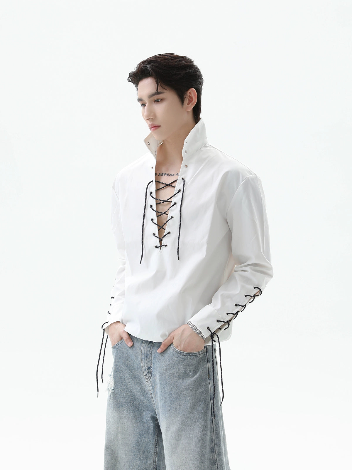 【25s Sep.】Deep V-neck Solid Color Tie-string Shirt