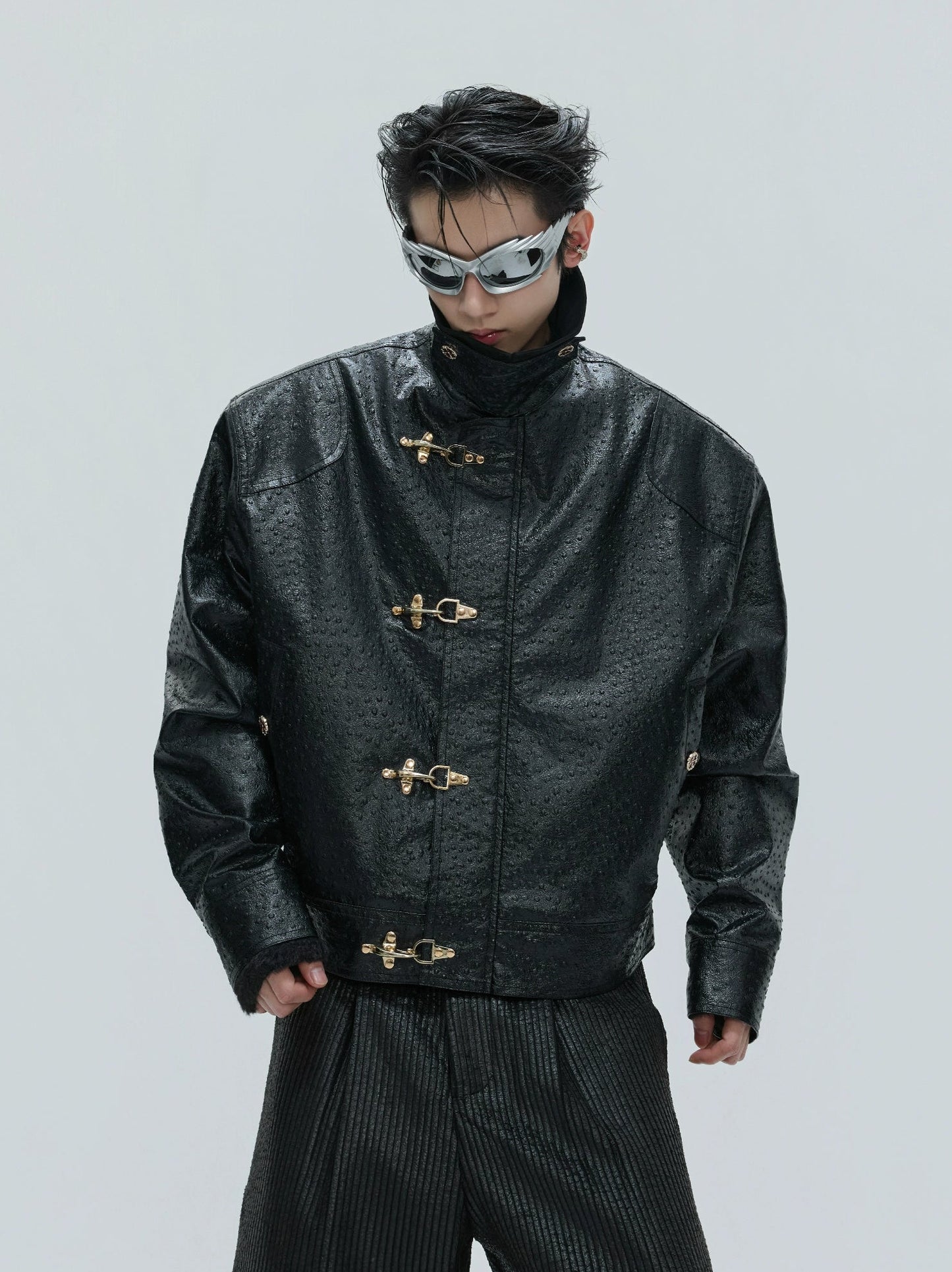 【25s Nov.】Ostrich Leather Aircraft Button Plush Leather Jacket