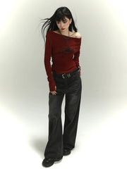 【25s Jul.】Off-Shoulder Asymmetrical Slim-Fit Base Top