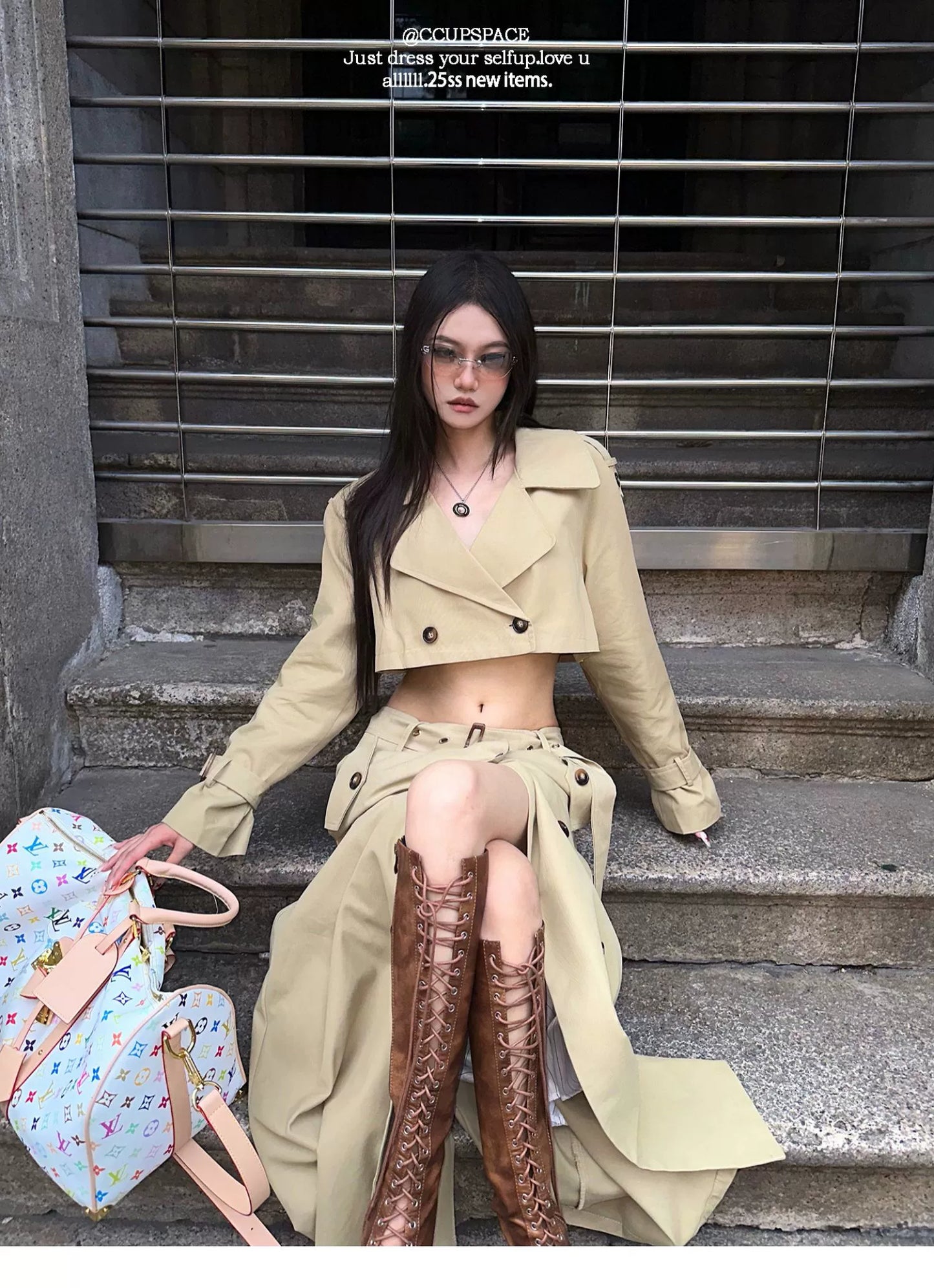 Elegant Khaki Short Trench Coat + Skirt Set