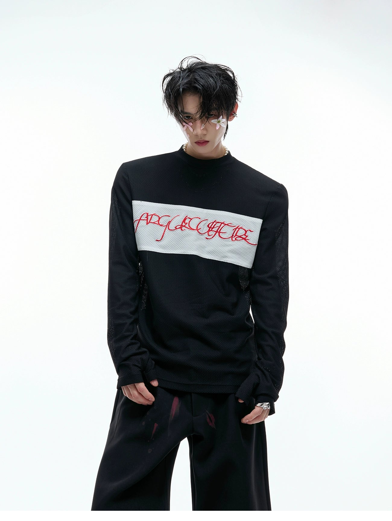 【25s Aug.】Mesh Elastic Slim Fit Embroidered Bottoming Shirt