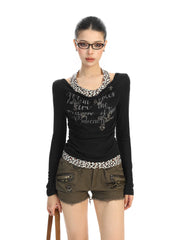 【26s May】Leopard Cross Layered Halter Cropped Long Sleeve Tee