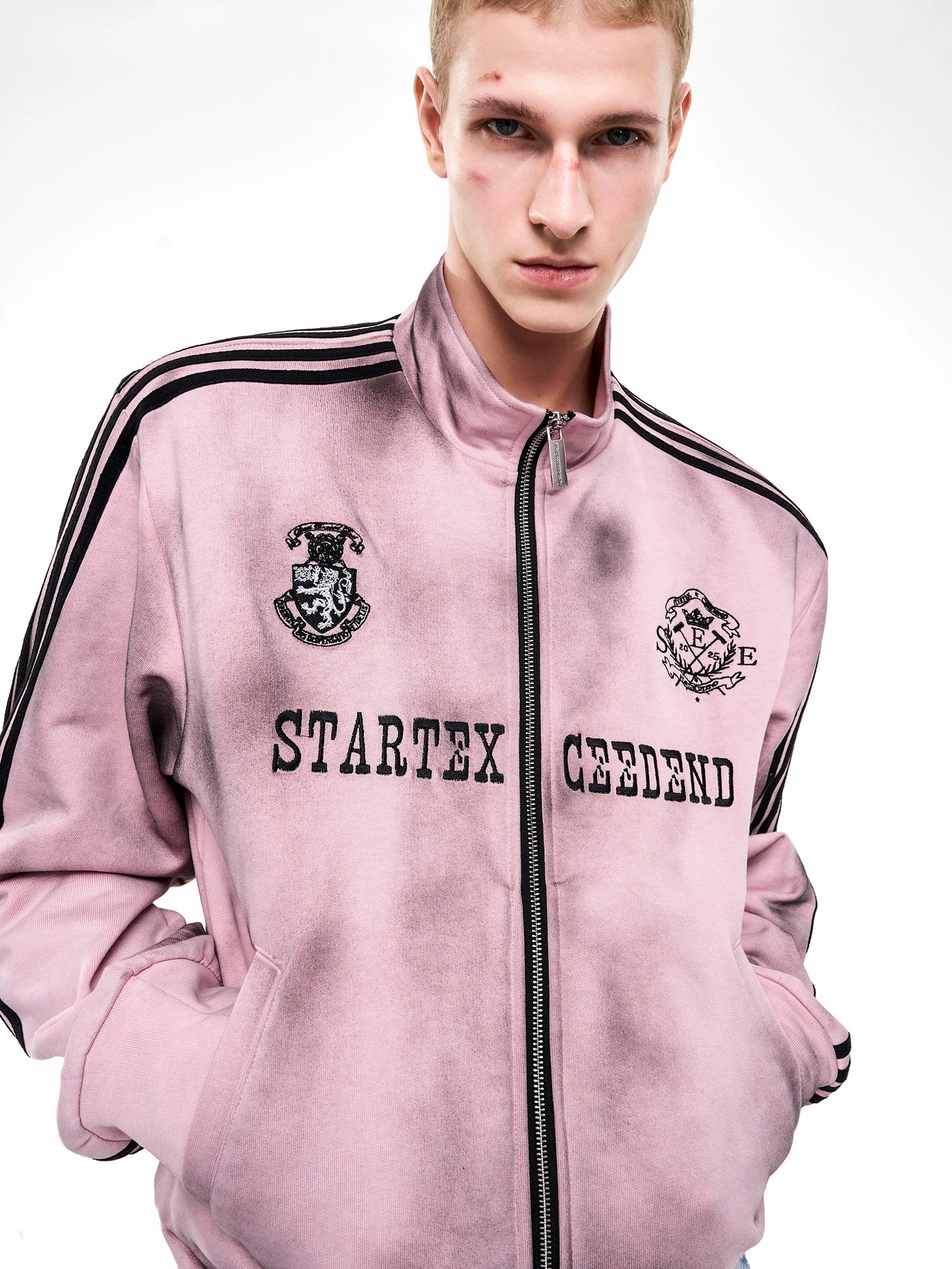 Dirty Pink Distressed Stand-up Collar Hoodie/Pants