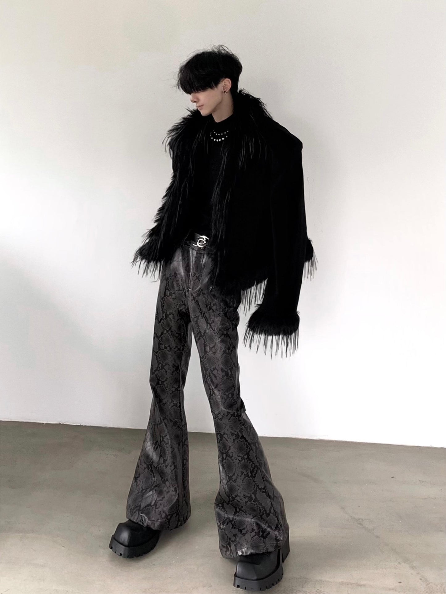 【25s Apr.】Retro High Waist Snakeskin Pattern Flared Leather Pants