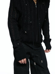 Slim Hollow-Out Star Studded Hooded Knit Zip Cardigan
