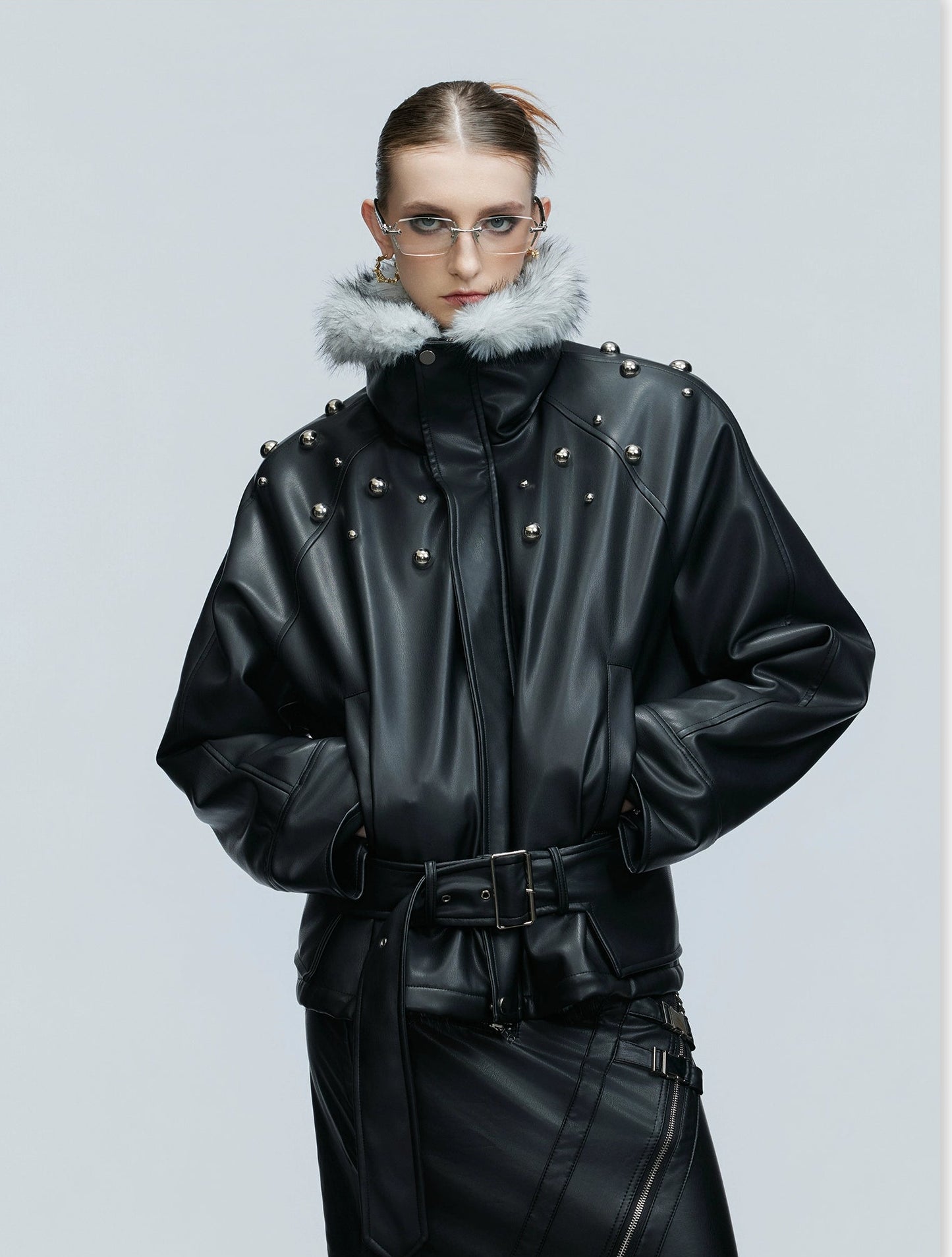 【25s Nov.】Riveted Faux Wolf Fur Collar Thickened Cotton Coat