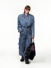 【25s Apr.】Dirty Dyed Washed Multi-pocket Zipper Denim Jumpsuit