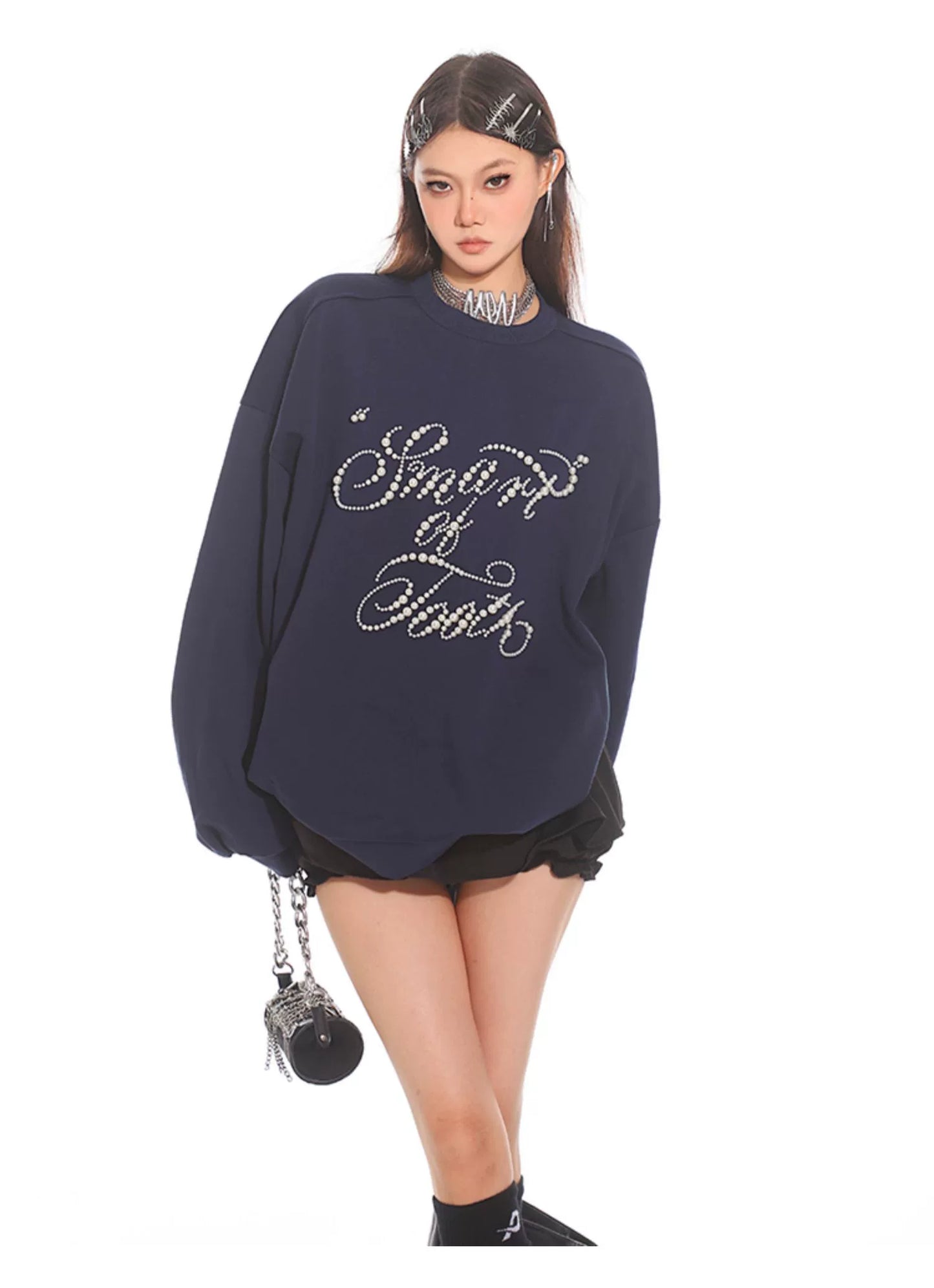 【25s Nov.】Black Beaded Loose-fitting Crew Neck Sweatshirt