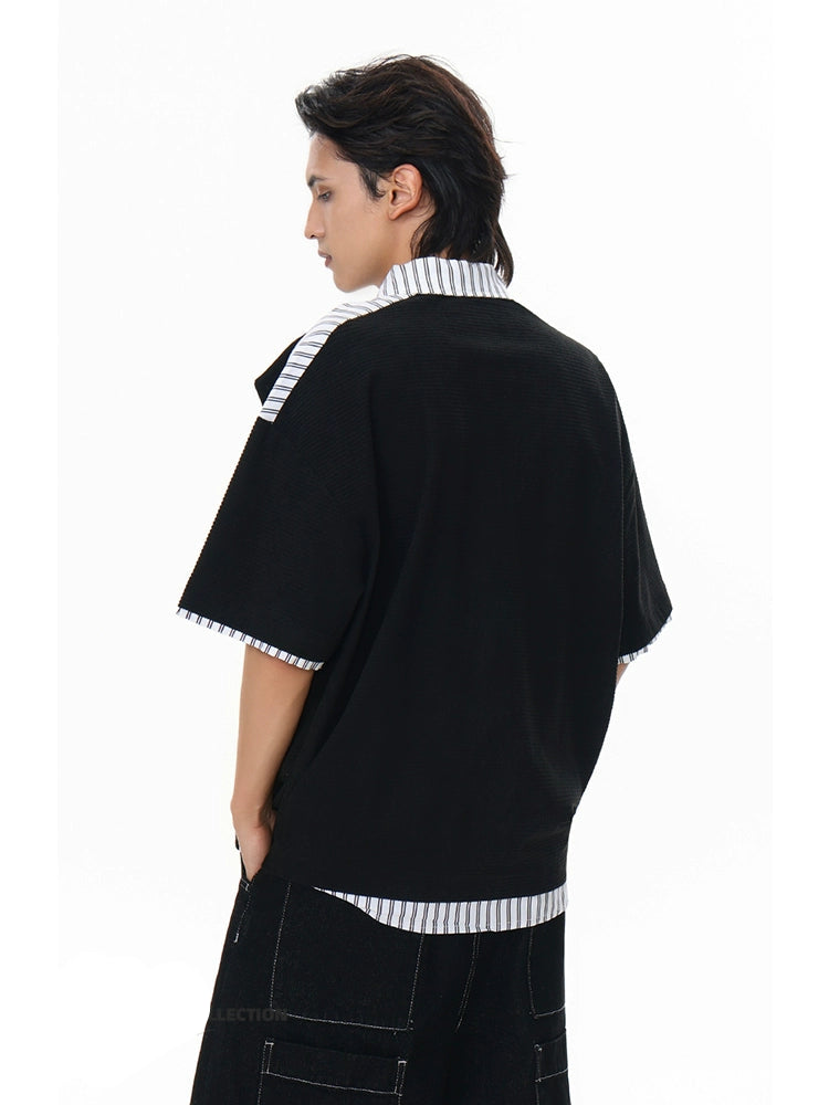 【25s Jul.】Fake Two-Piece Striped Short Sleeve Polo