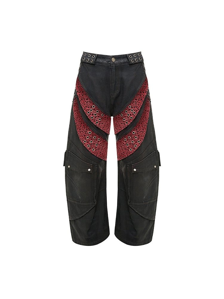 【25s Jul.】Waxed Curved-Cut Mesh Panel Floor-Length Jeans