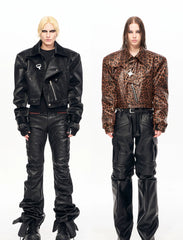 【25s Nov.】Leopard Print Metal Buckle Design Leather Jacket