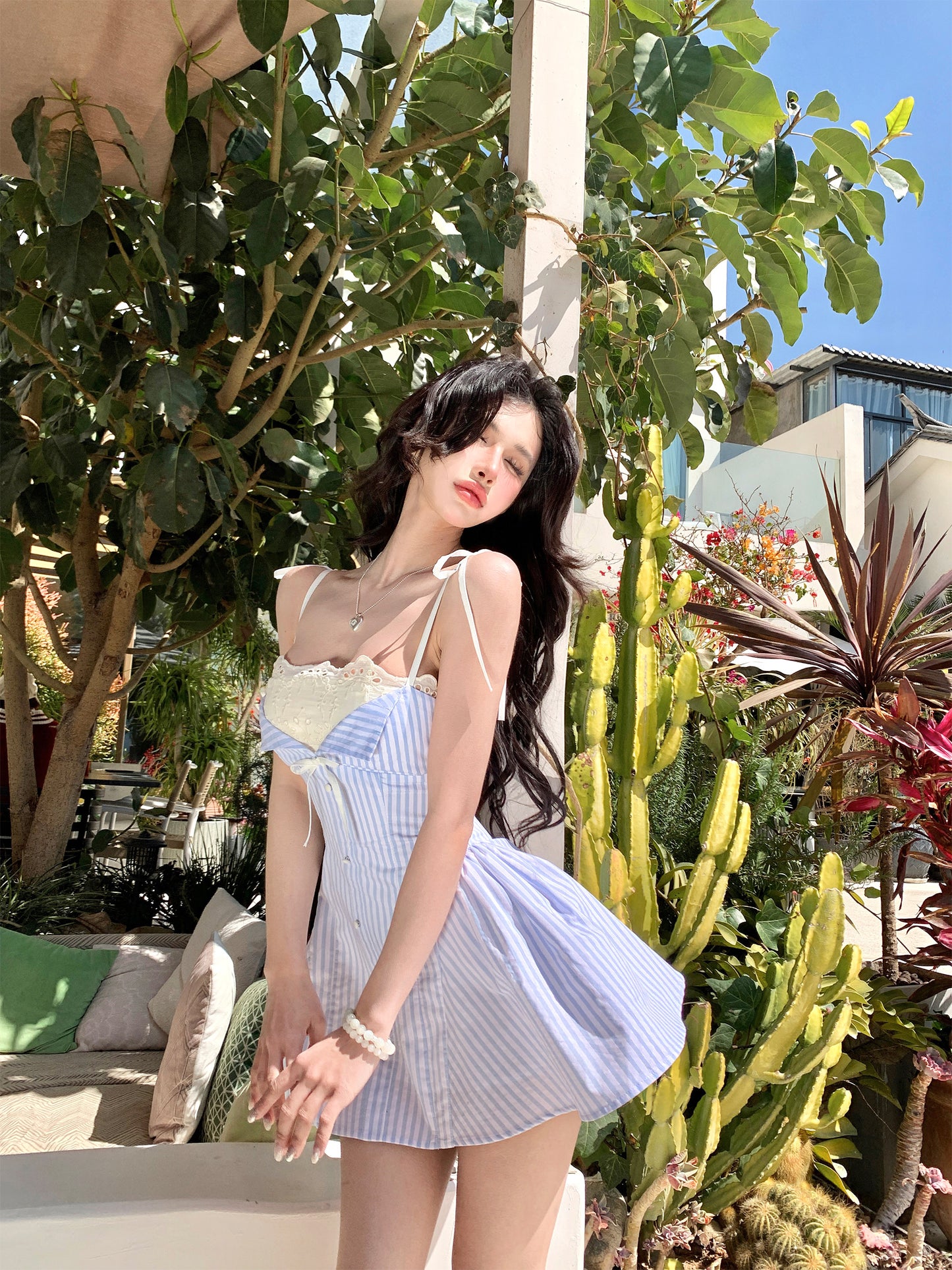 【25s Apr.】French Spaghetti Strap Striped Patchwork Dress
