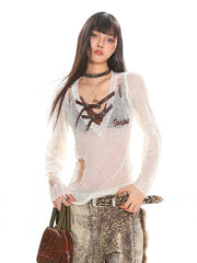 【25s Jul.】Vintage Belt Buckle Cutout Distressed Letter Sheer Cover-Up Top