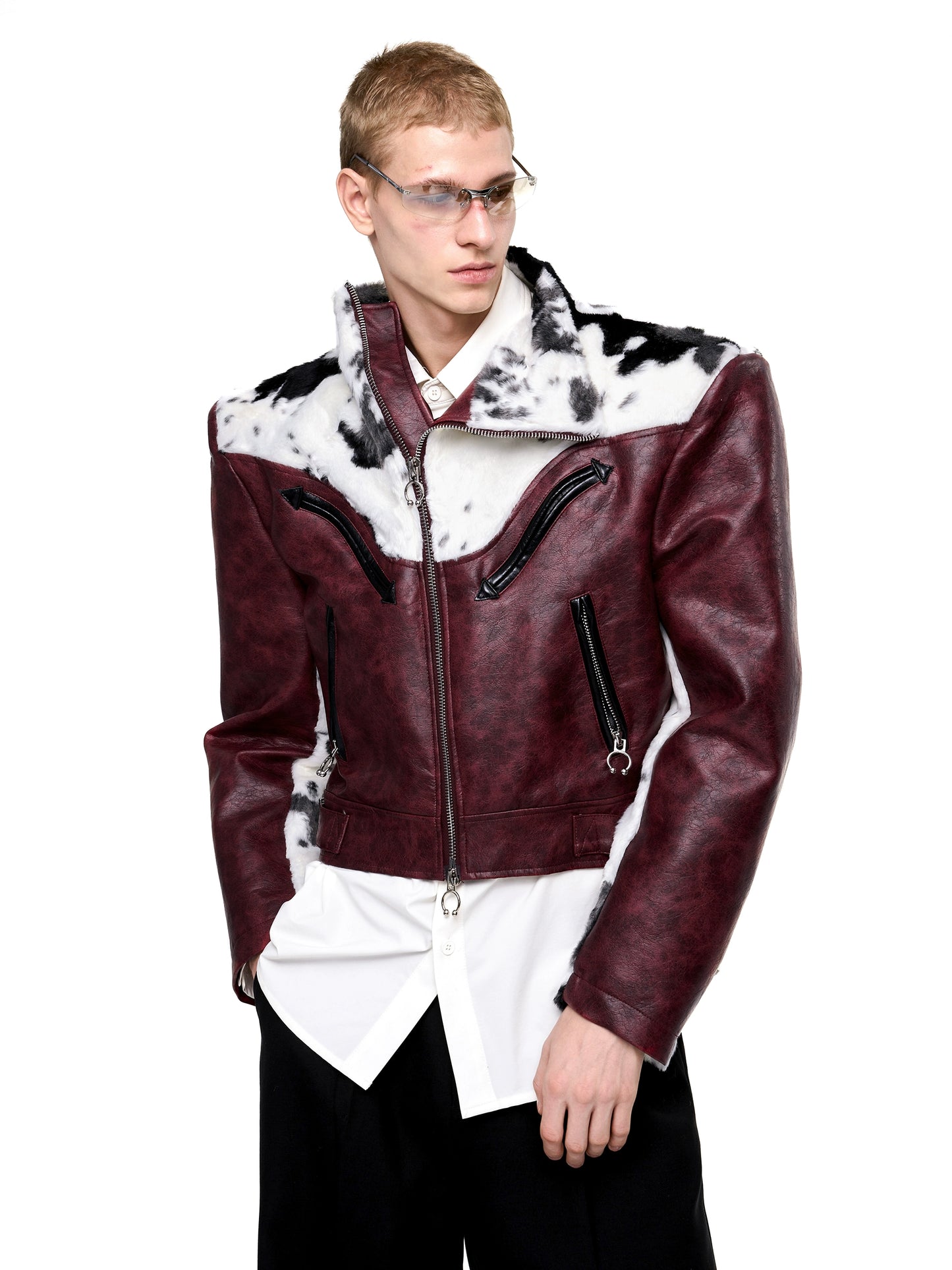 Cow Print Diagonal Zipper Plush Patchwork Leather Jacket