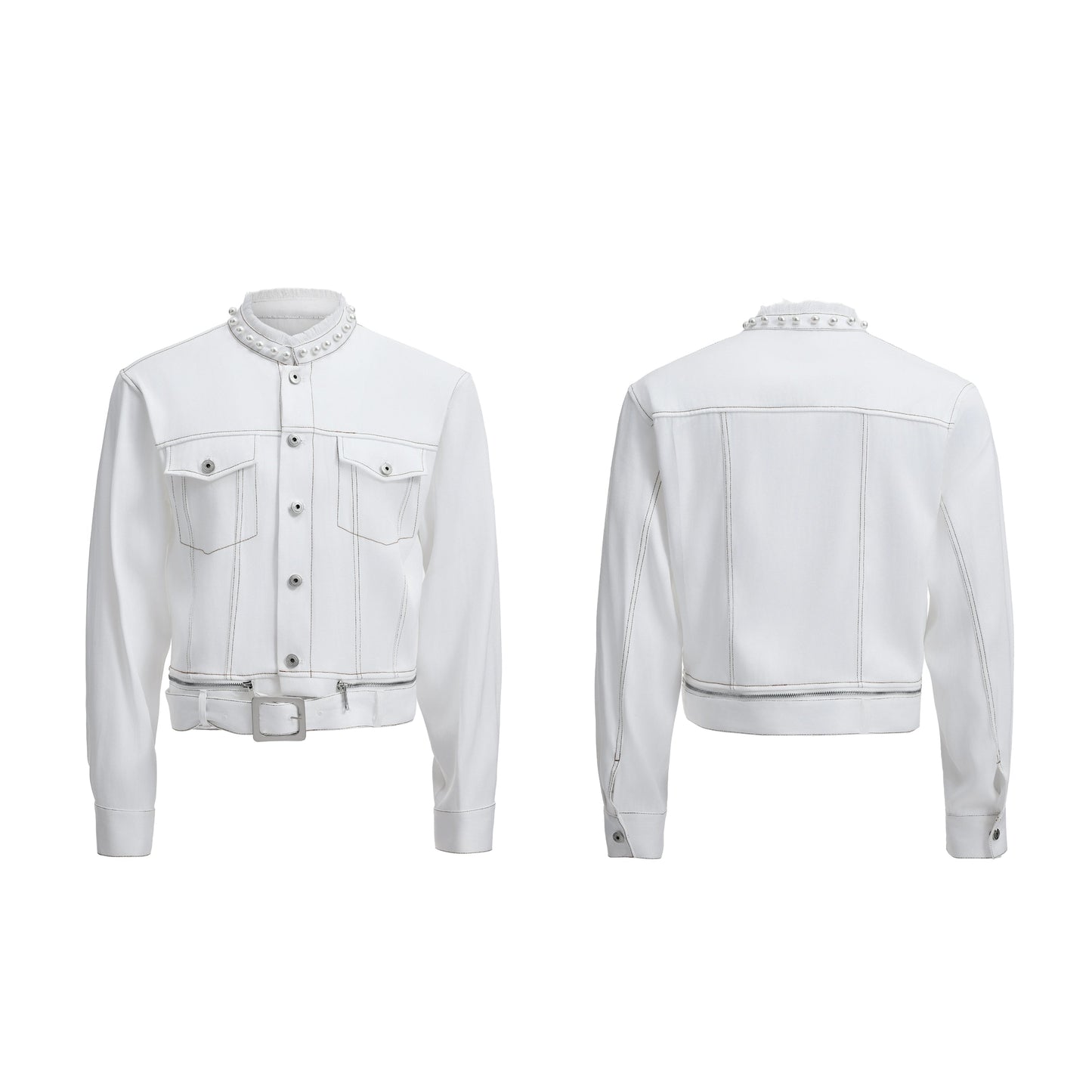 【25s Aug.】Pearl Embellishment Elegant Collarless Loose Denim Jacket / Jeans