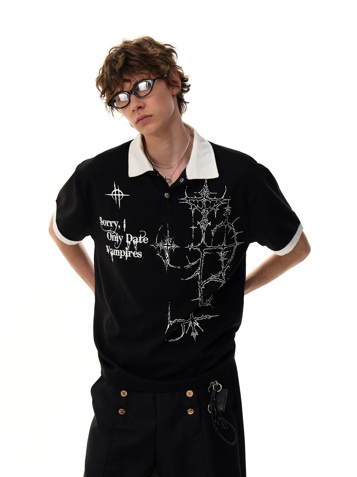 【25s Aug.】Gothic Print Polo Waffle Knit Short Sleeve