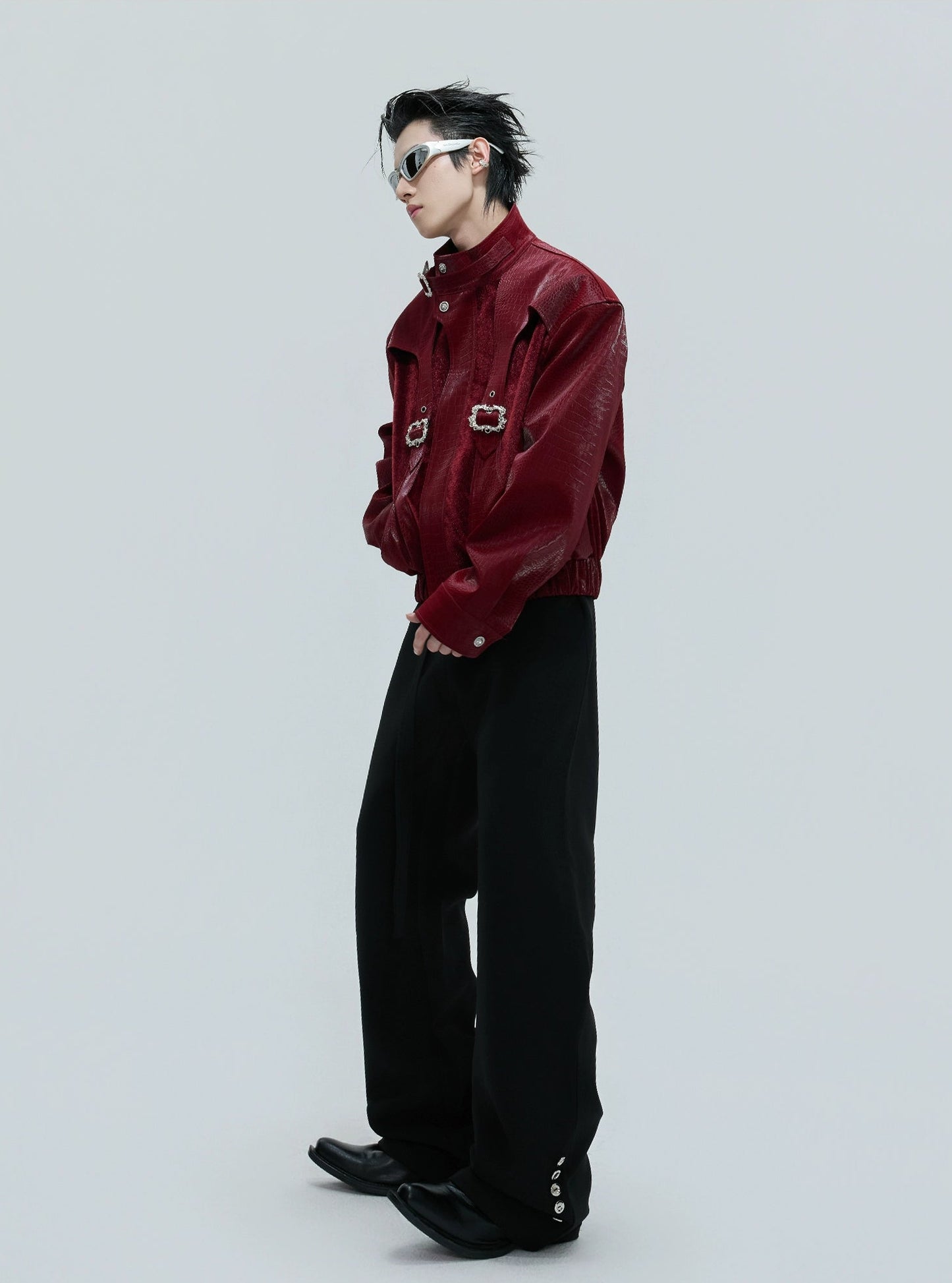 【25s Nov.】Crocodile-print Scale Cropped Leather Jacket