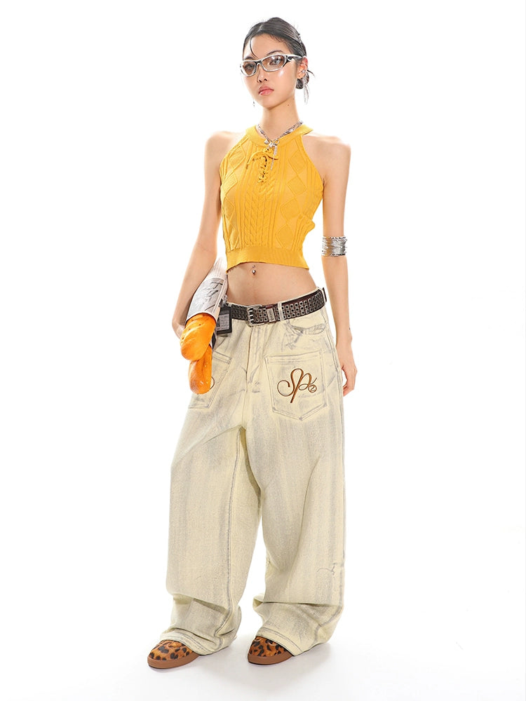 【25s May.】Grunge Wash Embroidered Wide Leg Jeans