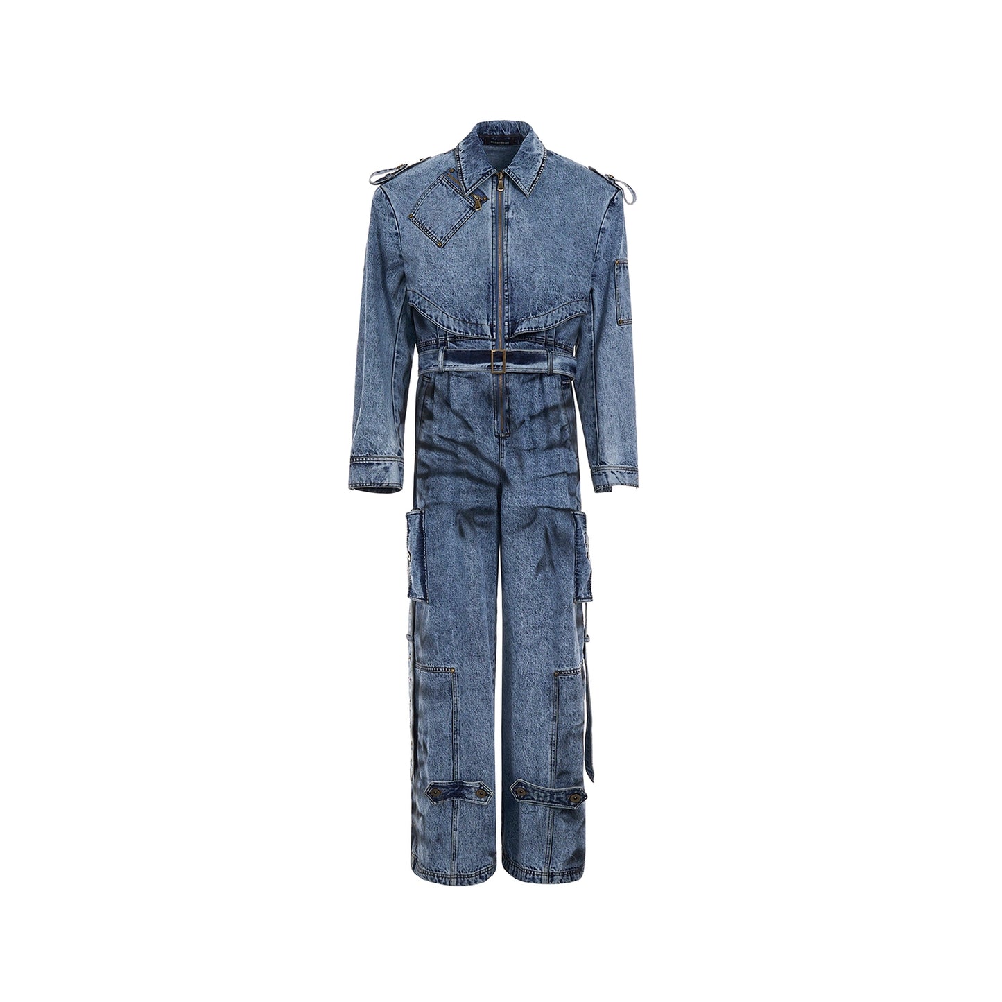 【25s Apr.】Dirty Dyed Washed Multi-pocket Zipper Denim Jumpsuit