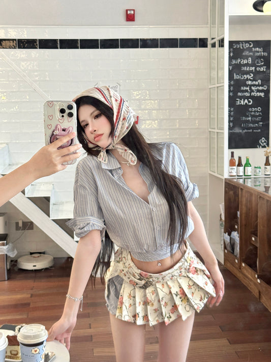 【25s Jul.】Striped Shirt Top / Pleated Mini Skirt