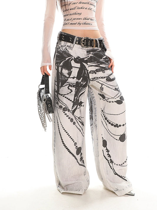【25s Jul.】Cross Chain Print Street Loose Wide Jeans