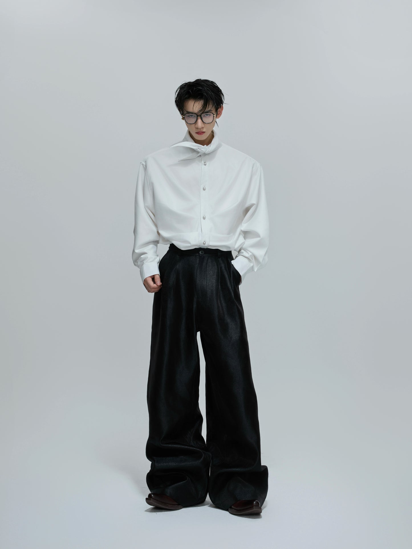 French Neckline Multi-layered Pleated Silk Scarf Shirt