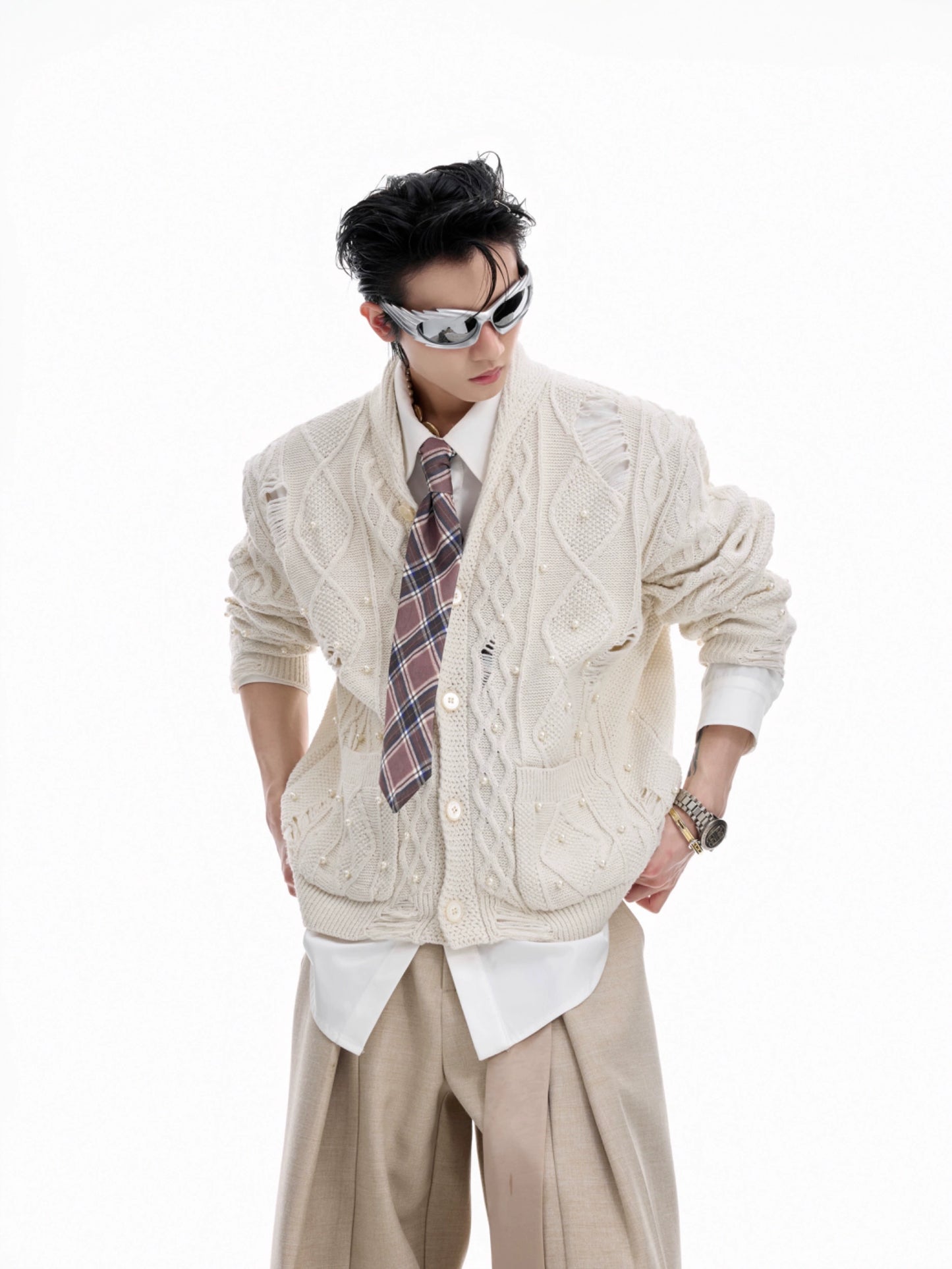 【25s Aug.】Pearl Detail Knit Hollow-Out Cardigan