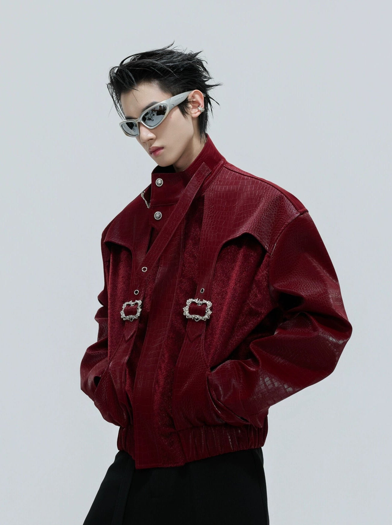 【25s Nov.】Crocodile-print Scale Cropped Leather Jacket