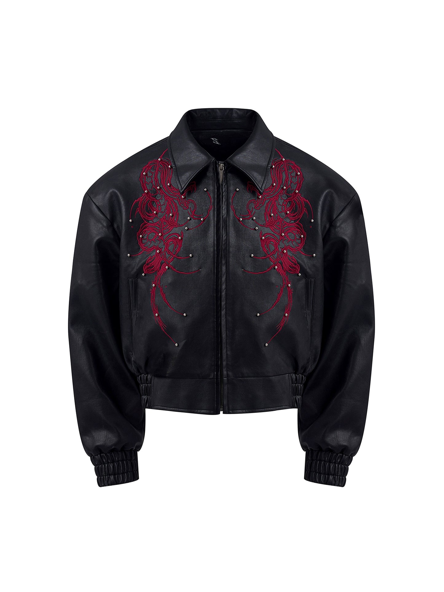 【25s Sep.】Cropped Faux Leather Jacket with Thorn Embroidery