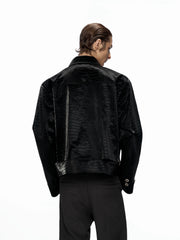 【25s Aug.】Metal-Panel Cropped Croc Leather Jacket