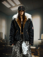 【25s Dec.】Leopard Print Patchwork Long Fur Hooded Jacket