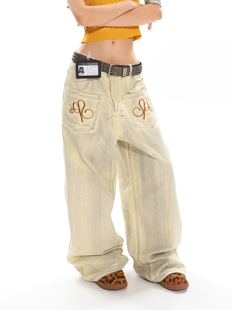 【25s May.】Grunge Wash Embroidered Wide Leg Jeans
