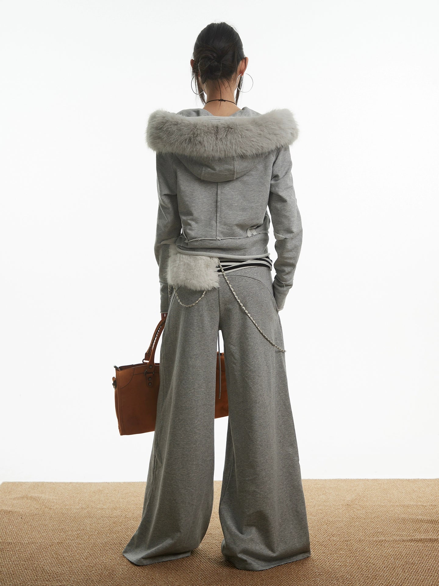 【25s Oct.】Vintage Grey Fur Collar Hooded Sweatshirt