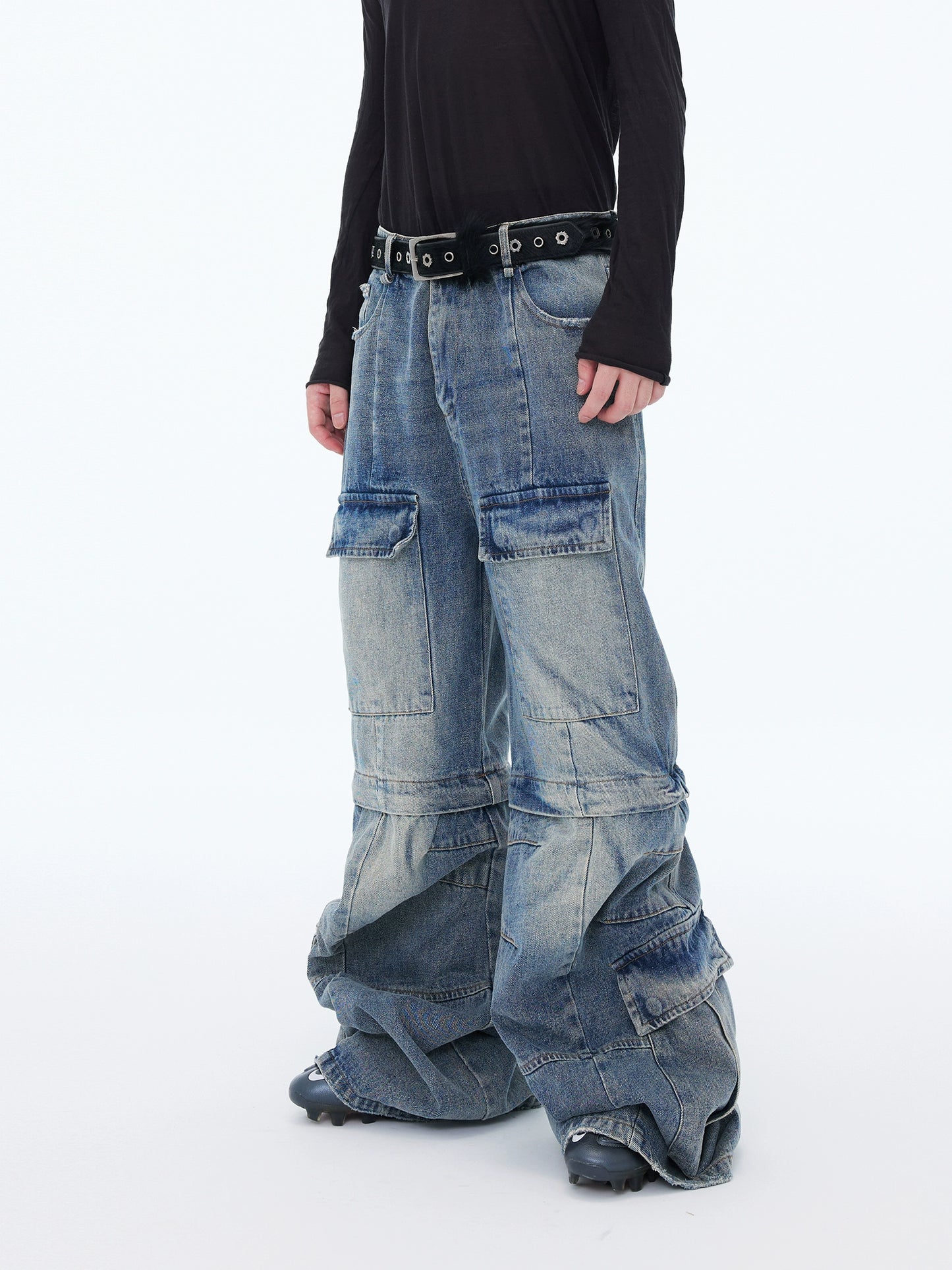 【25s Aug.】Washed Detachable Multi-Pocket Wide-Leg Jeans