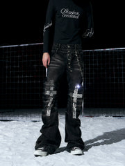 【26s Jan.】Rhinestone Cross Double-waisted Flared Jeans