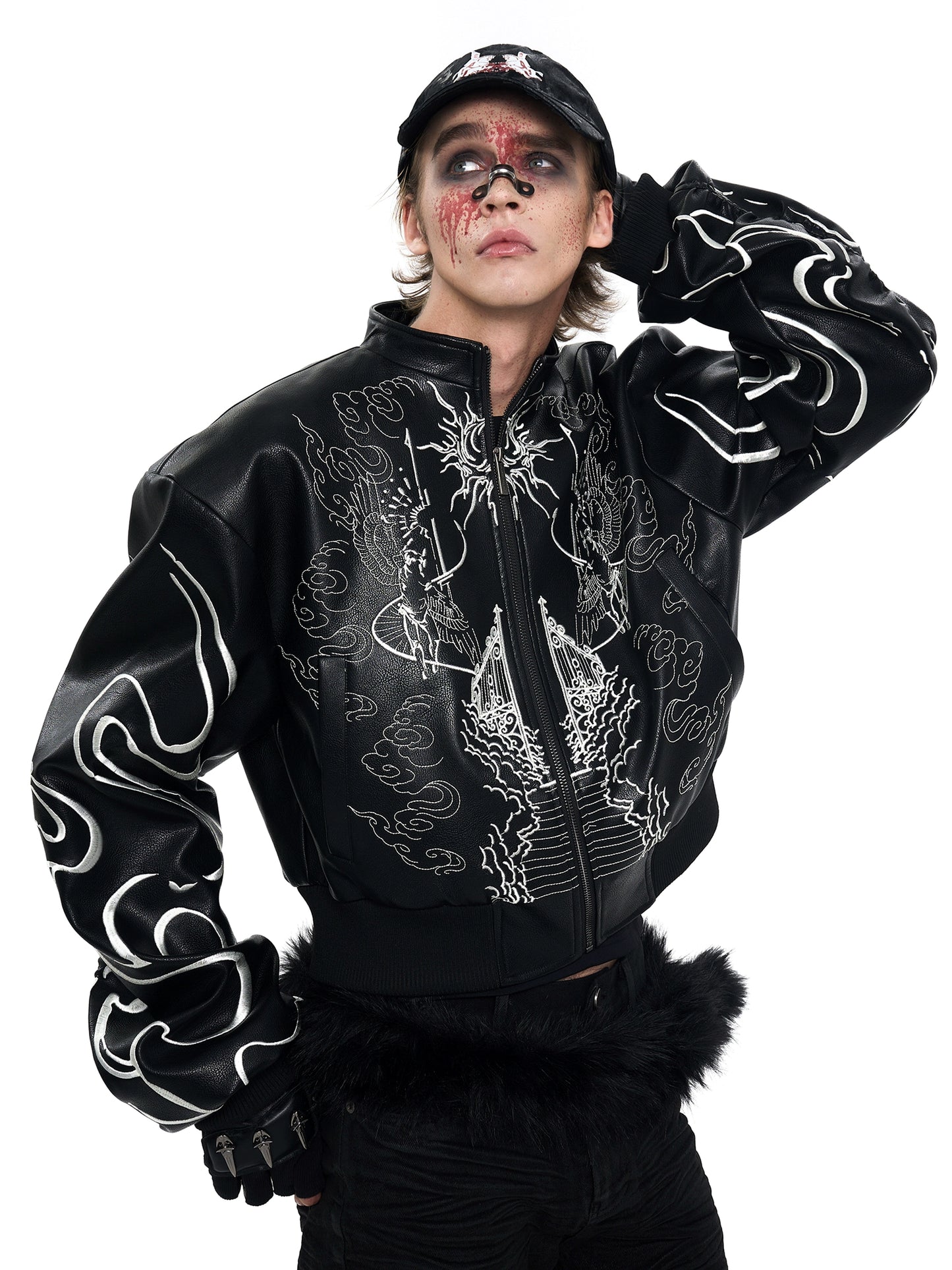 【25s Sep.】Cropped Stand Collar Biker Jacket with Embroidery