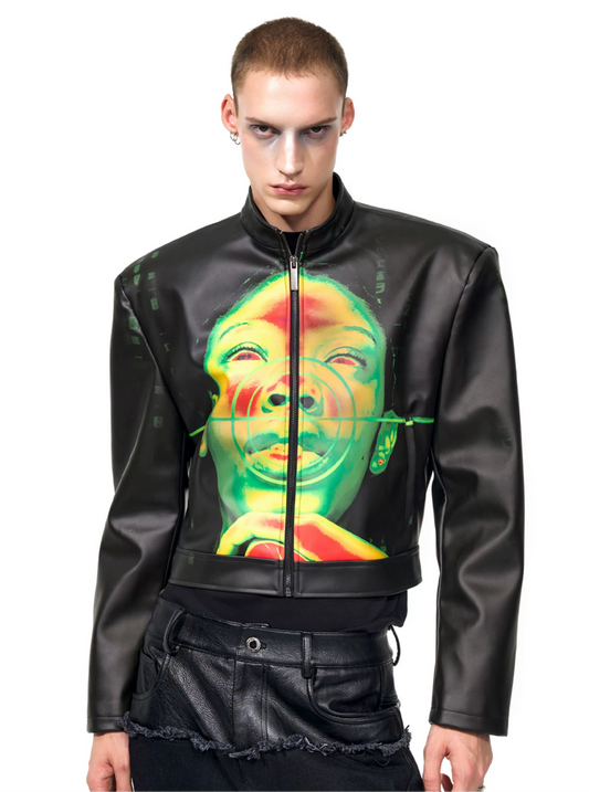 【25s Oct.】Portrait Print Cropped Leather Jacket